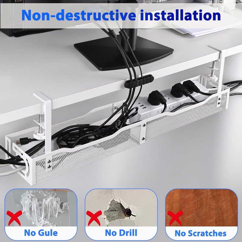QUELIEN Under Desk Cable Management Box 25.3 Inch – Clamp-Mounted Cable Organizer Tray, Large Cord Management Box for Office & Home, Wire Organizer Under Desk Storage, White - Image 3